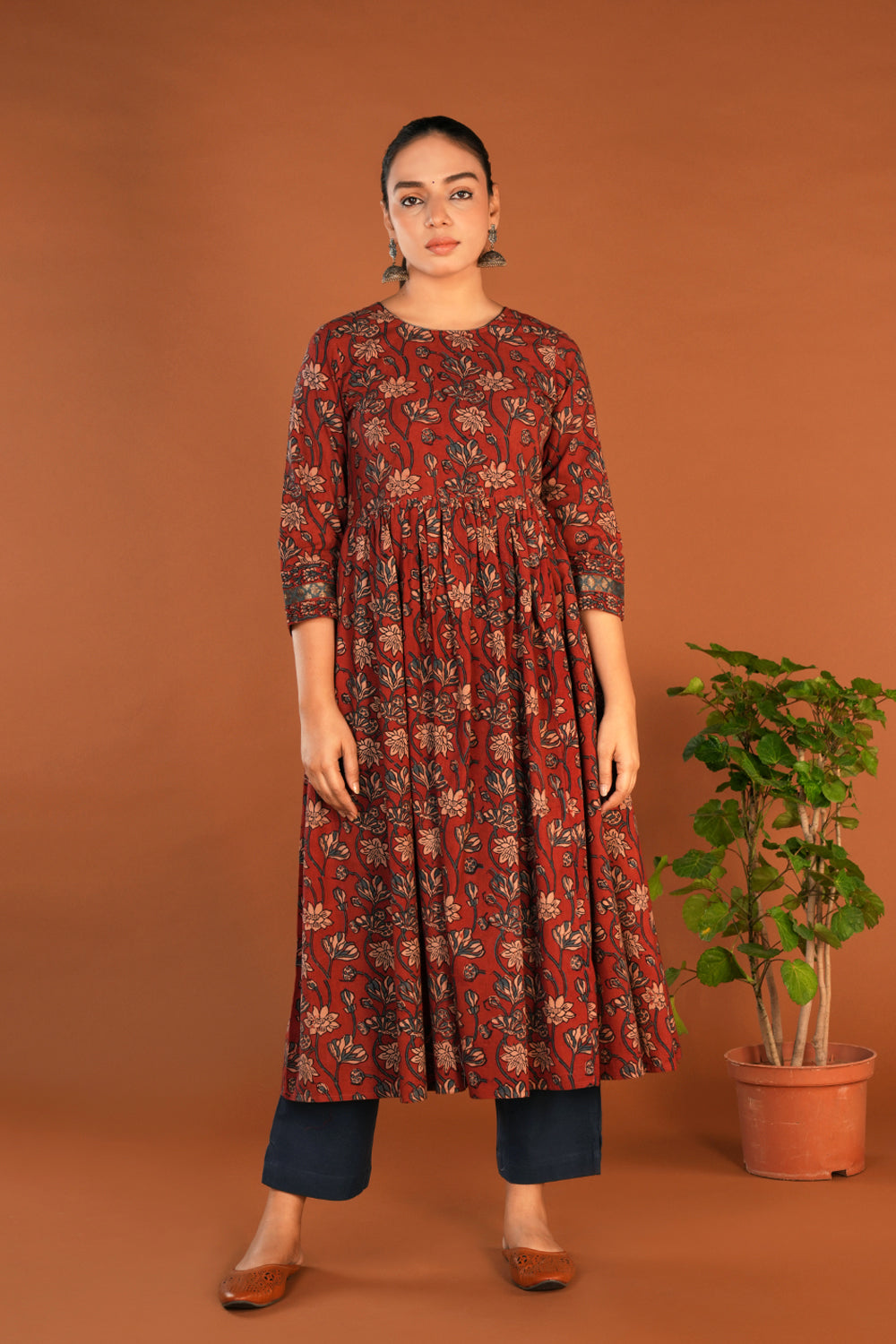 Image of Deep maroon Ajrak floral handblock printed ethnic kurta